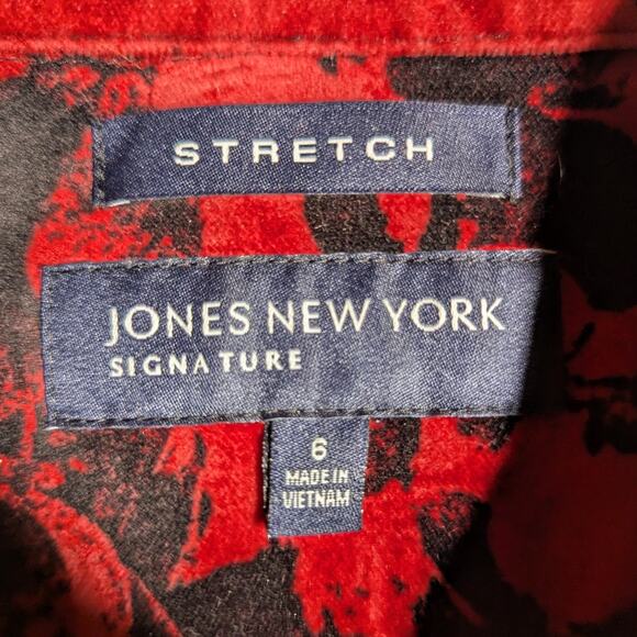 Vtg Y2K Jones New York Red Black Cotton Blend Velour Heavy Button Up Shirt Sz 6 - Picture 3 of 4